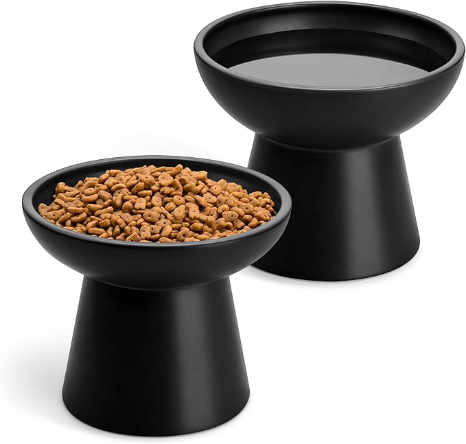 vancasso Ceramic Elevated Cat Bowls 2-Pack - 6.2" Extra Wide Raised Cat Food &amp; Water Dishes, 5.1" Optimal Height Anti-Whisker Fatigue Shallow Bowls for Cats/Kittens/Dogs, Lead &amp; Cadmium Free (Black)