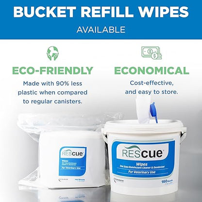 REScue One-Step Disinfectant Cleaner &amp; Deodorizer Wipes for Vet Use – Cleaner for Kennels, Litter Boxes, Vet Offices, Pet Grooming Surfaces – Extra Large Wipes, 160-Count Wipes Bucket (1 Pack)