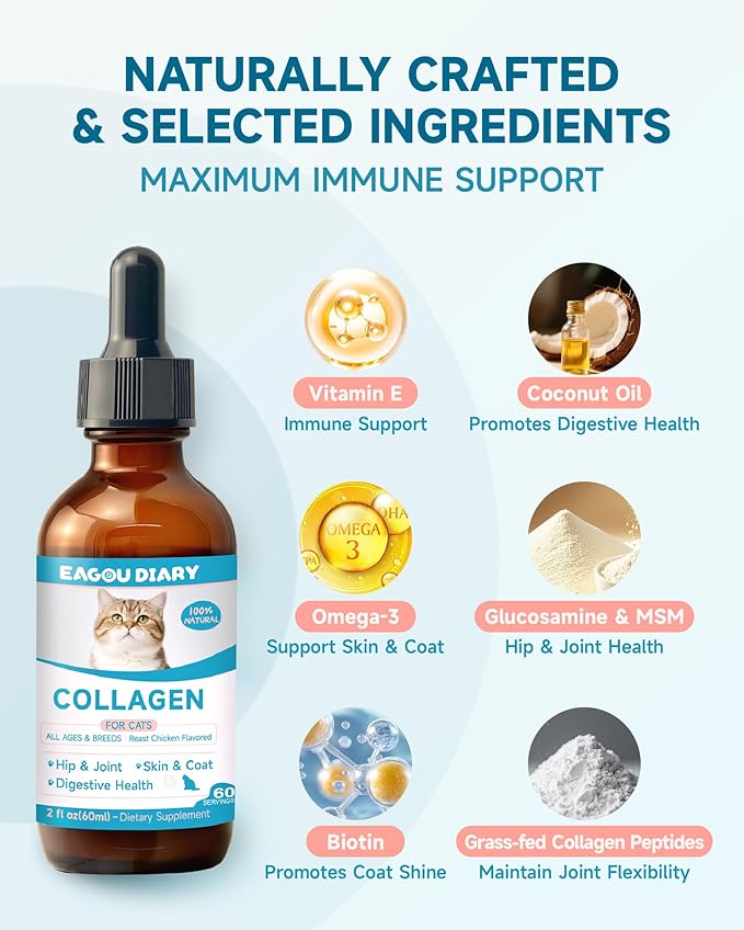 Collagen for Cats - Hip and Joint Supplement, Digestive &amp; Immunity Support, Skin &amp; Coat Health, Liquid Collagen for Cats with MSM, Glucosamine, Coconut Oil, Vitamin E, Roast Chicken Flavored, 60ml