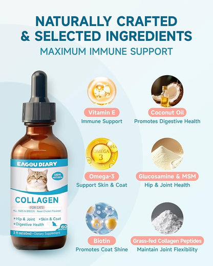 Collagen for Cats - Hip and Joint Supplement, Digestive &amp; Immunity Support, Skin &amp; Coat Health, Liquid Collagen for Cats with MSM, Glucosamine, Coconut Oil, Vitamin E, Roast Chicken Flavored, 60ml