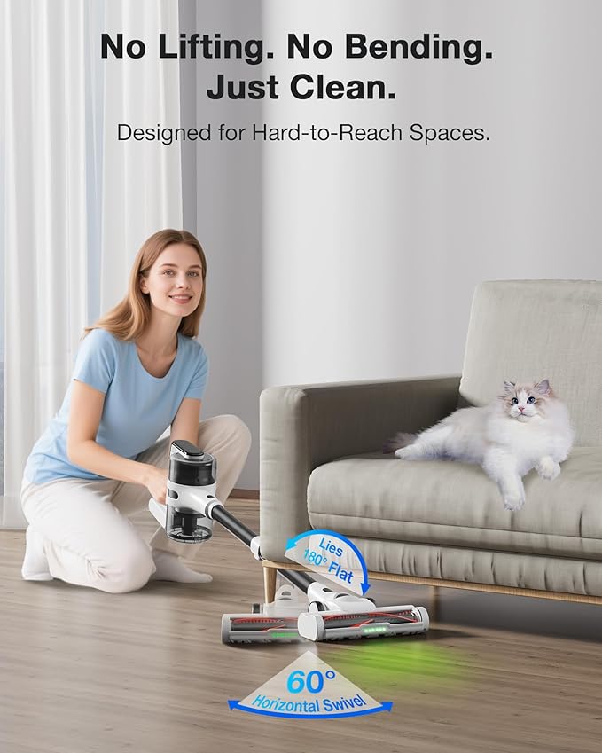 Cordless Stick Vacuum Cleaner for Home, Lightweight Rechargeable Vacuum with 55min Runtime, Powerful Suction, Green LED Headlight, 9-in-1 Pet Hair Carpet &amp; Hardwood Floor Cleaner
