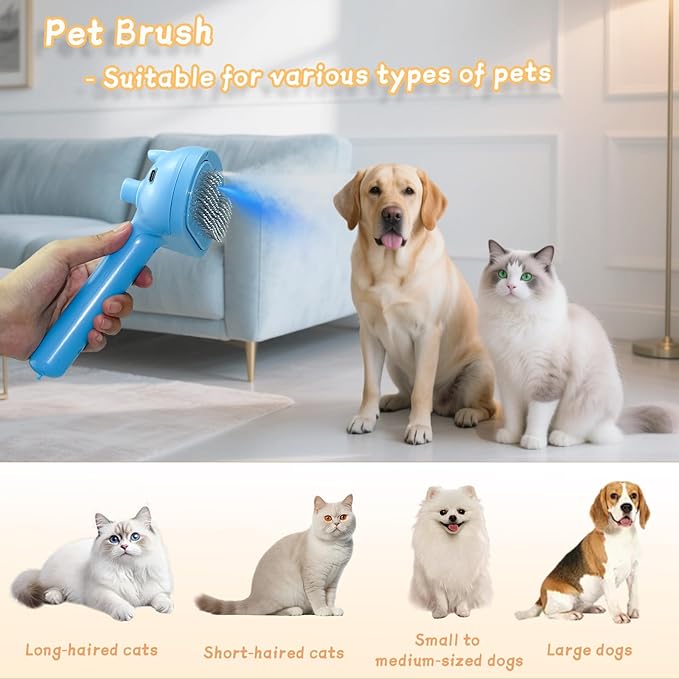 5-in-1 Pet Steam Brush for Cats &amp; Dogs – Grooming, Shedding, Massage &amp; One-Touch Clean for Short &amp; Long Hair Pets – Electric Cat Brush with Comb &amp; Steam (Blue)