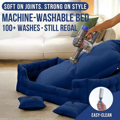 Luxury Dog Bed Chesterfield – Handcrafted Velvet Throne for Dogs | Joint Support, Calming &amp; Temp-Regulating Comfort | Durable 5+ Years, Anti-Claw, Washable 100+ Times – XL, Blue