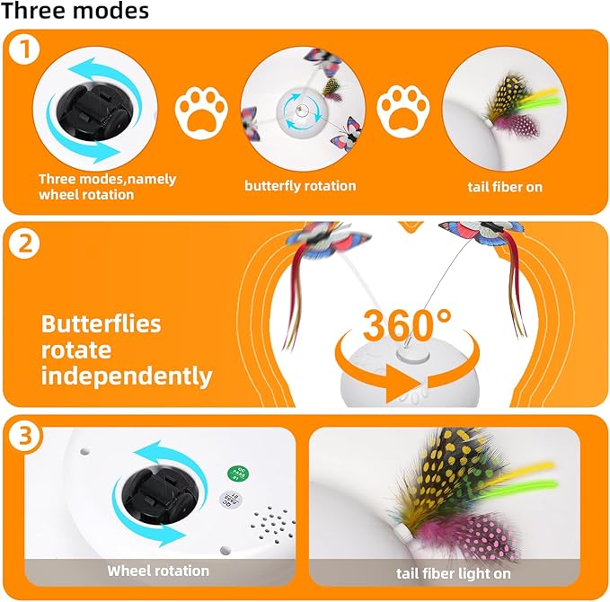 Cat Toy 3in1 Automatic Interactive Wand Toy for Indoor Cats,Moving Butterfly&amp;Glowing Feathers Speedy Tail,Rechargeable Cat Enrichment Toys for Kittens
