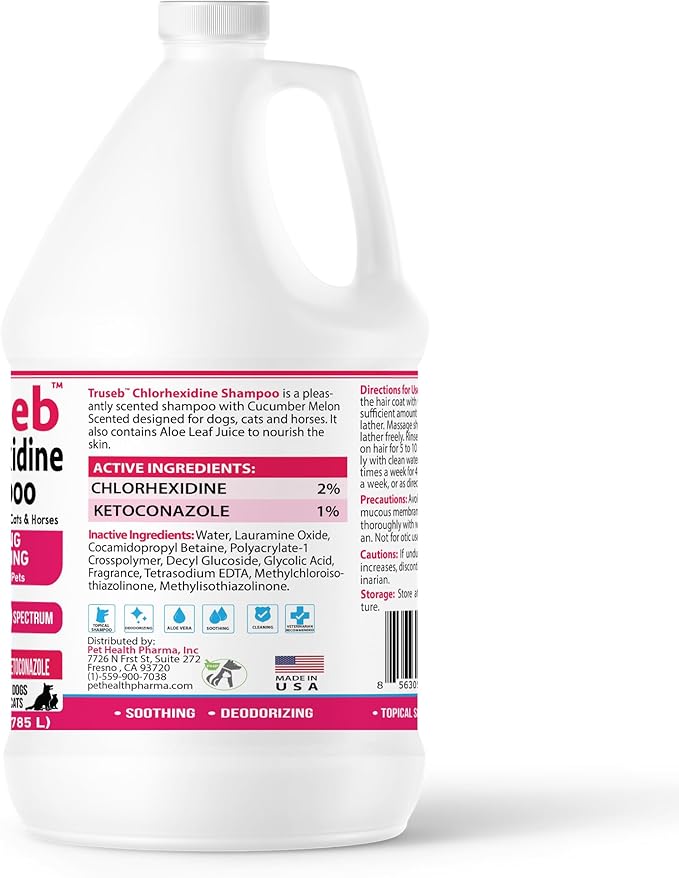 Truseb Topical Ketoconazole and Chlorhexidine Shampoo for Dogs, Cats &amp; Horses Pleasantly Scented with a Cucumber Melon Scent with Aloe (Ketoconazole &amp; Chlorhexidine Shampoo, 1 Gallon)