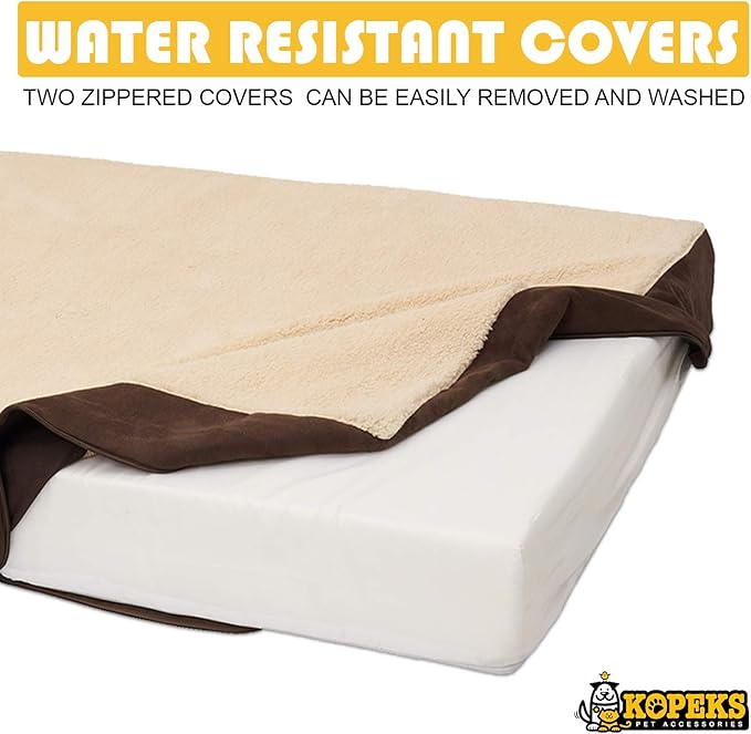 KOPEKS Jumbo Orthopedic Dog Bed - 7-inch Thick Memory Foam Pet Bed with Pillow with Removable Cover &amp; Free Waterproof Liner - for Large Breed Dogs, XL, Brown-Plush Top