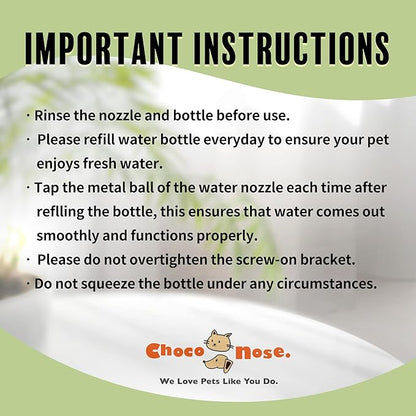 Choco Nose Patented No-Drip Water Bottle/Feeder for Guinea Pigs/Hamsters/Bunnies/Ferrets/Other Small Pets, Critters and Animals - for Cages, Crates or Wall Mount. 10.2oz. Nozzle 10mm, Green (C128)
