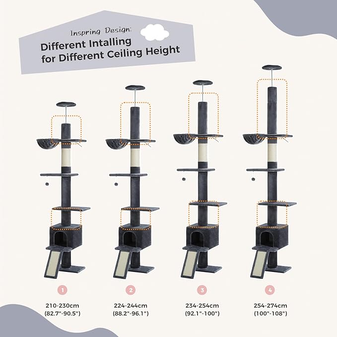 PEQULTI Floor to Ceiling Cat Tree, Tall Cat Tower, Adjustable Height (83&