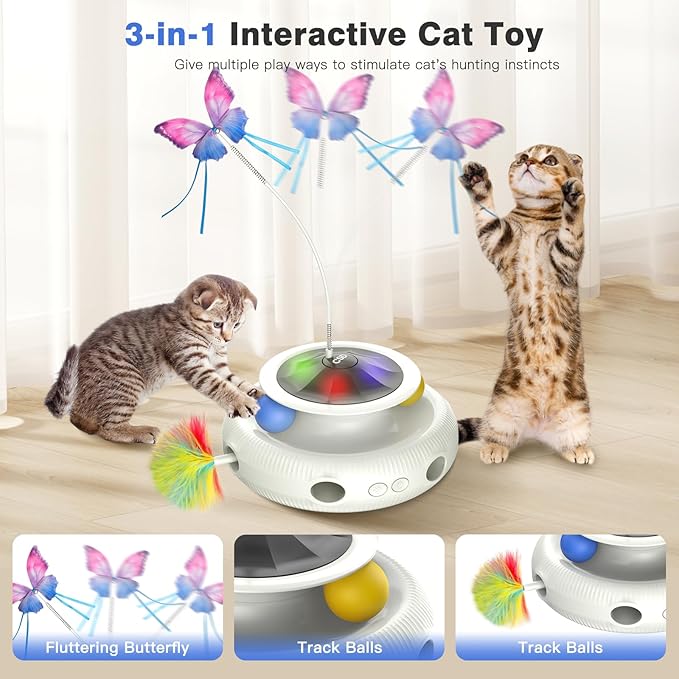 Automatic Interactive Cat Toys for Indoor Cats &amp; Bored Adults - Kitten Toys with Fluttering Butterfly, Ambush Feather &amp; Track Balls - Exercise &amp; Stimulation for Playful Cats (Beige)