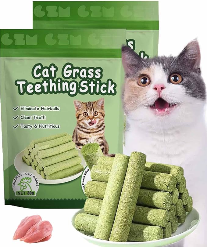 Primeco Cat Grass Teething Stick, Natural Grass Molar Rod Made of Chicken &amp; Cat Grass, 6 PCS Per Bag for Cat Indoor Teeth Cleaning, Hairball Removal, Dental Care, Increase Appetite (2 pcs)