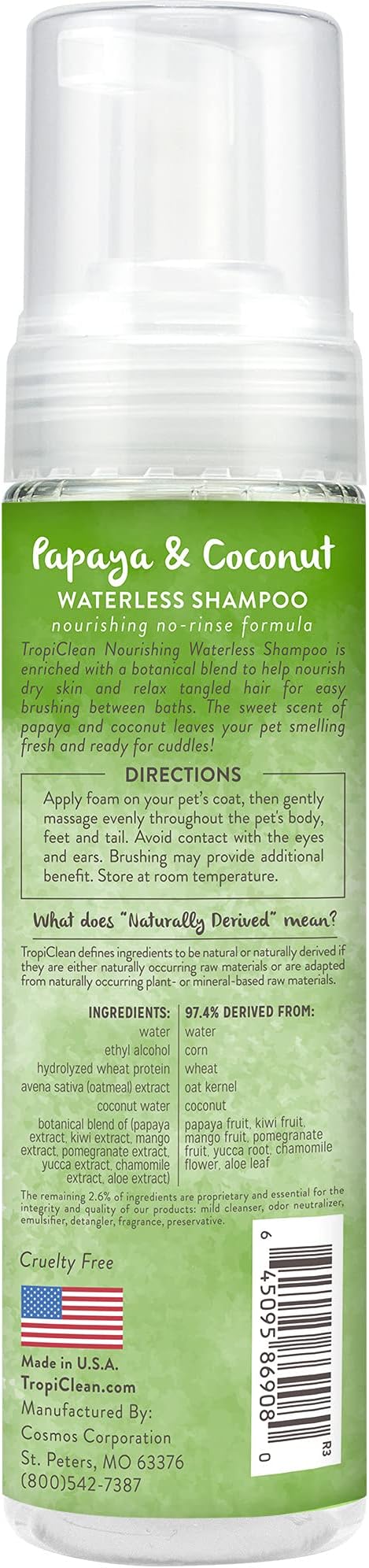 TropiClean No Rinse Waterless Dog Shampoo | Detangling &amp; Deodorizing Dry Shampoo for Smelly Pets | Moisturizes Dry Skin | USA Made | Papaya Scent | 7.4oz