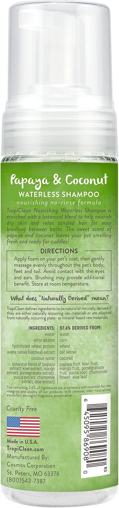 TropiClean No Rinse Waterless Dog Shampoo | Detangling &amp; Deodorizing Dry Shampoo for Smelly Pets | Moisturizes Dry Skin | USA Made | Papaya Scent | 7.4oz