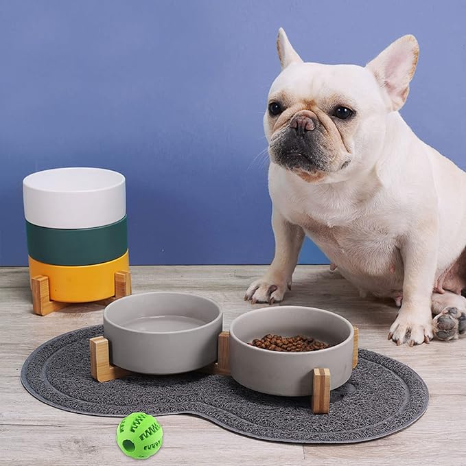 Petygooing Ceramic Dog Bowl Set with Wood Stand, Grey, 13.5OZ/5.1 in, Suitable for Cats &amp; Small Dogs