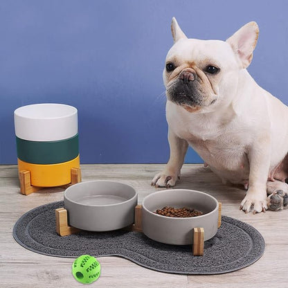 Petygooing Ceramic Dog Bowl Set with Wood Stand, Grey, 13.5OZ/5.1 in, Suitable for Cats &amp; Small Dogs