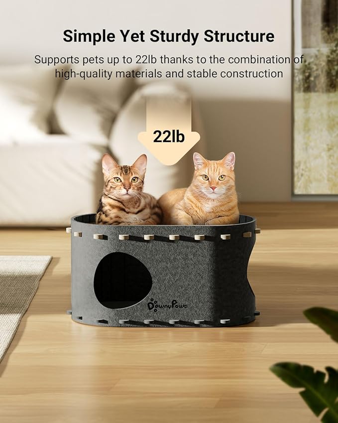 DownyPaws Cat House for Indoor Cats, Cat Bed Cave for Multiple &amp; Large Cats Up to 22 Lbs, Scratch Resistant Peekaboo Cat Caves, Foldable Tunnel Enclosed Bed, PeekaPurr, Sesame Gray