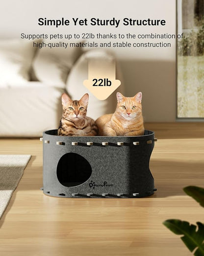 DownyPaws Cat House for Indoor Cats, Cat Bed Cave for Multiple &amp; Large Cats Up to 22 Lbs, Scratch Resistant Peekaboo Cat Caves, Foldable Tunnel Enclosed Bed, PeekaPurr, Sesame Gray