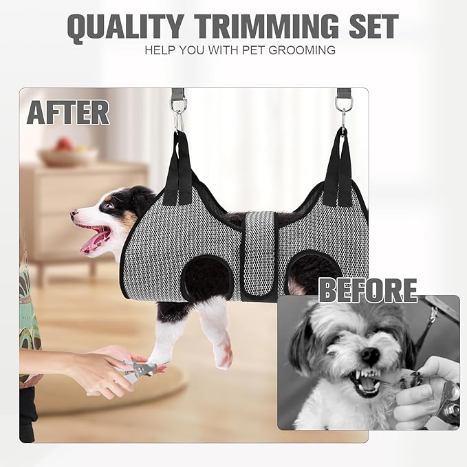 PAWCHIE Dog Grooming Hammock Harness for Dogs &amp; Cats with Pet Nail Clipper Trimmer- Breathable Cat Hanger Sling for Trimming Clipping Nails-Dog Hammock Restraint Bag for Small Medium Large Dog,Grey XS