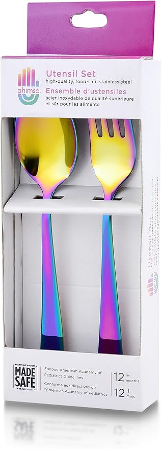 Ahimsa Stainless Steel Kids Utensils - Kids Fork and Spoon Set, Pediatrician Designed Rainbow Silverware Set, 100% BPA Free &amp; Dishwasher Safe (Rainbow)