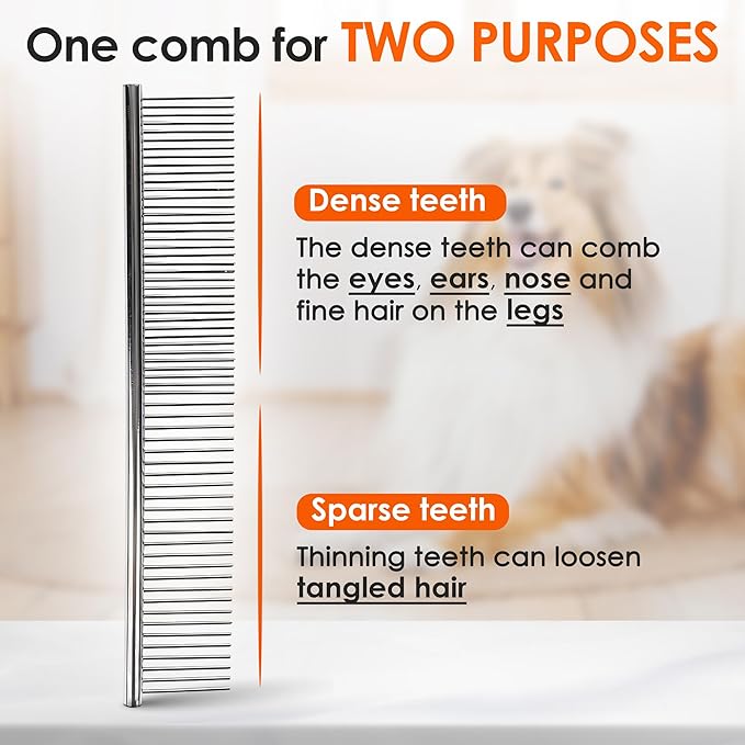 Dog Comb to Remove Tangles and Knots, Cat Comb with Stainless Steel Teeth and Non-Slip Handle, Dog combs for grooming matting for Long Haired Pets (Large &amp; Small)