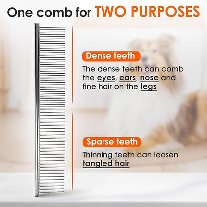 Dog Comb to Remove Tangles and Knots, Cat Comb with Stainless Steel Teeth and Non-Slip Handle, Dog combs for grooming matting for Long Haired Pets (Large &amp; Small)