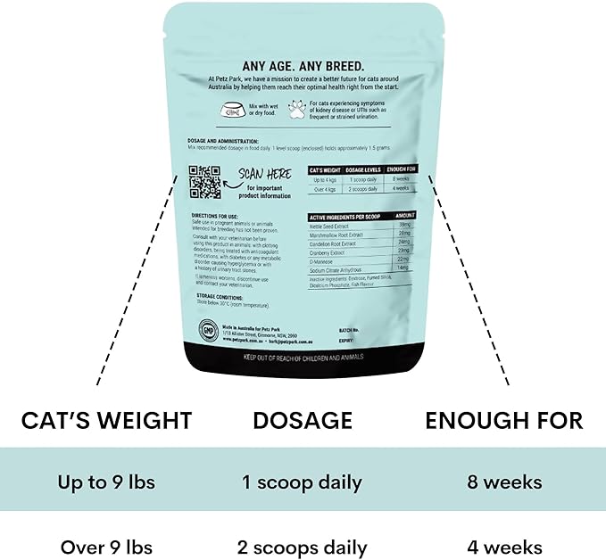 Urinary and Kidney Powder Supplement for Cats - Cranberry, Nettle Seed, D-Mannose for Cat UTI Treatment, Urinary Tract Health, and Kidney Care - Fast UTI Relief &amp; Prevention - 60 Scoops