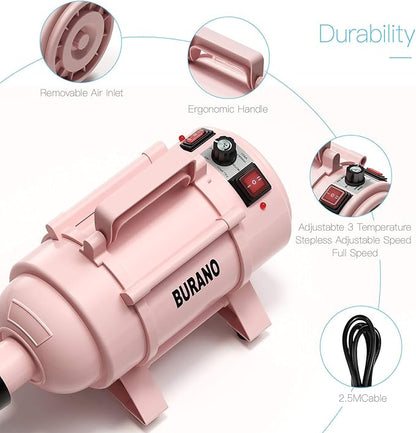 Burano Dog Dryer, High Velocity Pet Hair Dryer, 4.3HP Stepless Adjustable Speed Dog Hair Force Dryer for Dogs, Cats &amp; More, Powerful Pet Blower with Heater