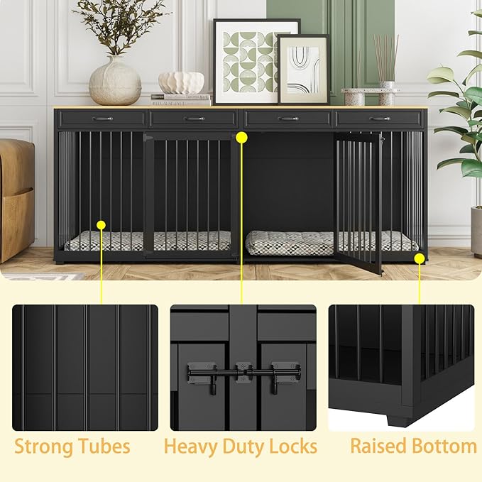 Extra Large Dog Crate with Double Rooms, 93" Heavy Duty Wooden Dog Cage Furniture Dog Crate Kennel w/Drawers &amp; Removable Divider,Indoor Luxury Dog House for Large Dogs,Black