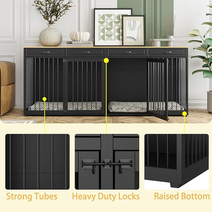 Extra Large Dog Crate with Double Rooms, 93" Heavy Duty Wooden Dog Cage Furniture Dog Crate Kennel w/Drawers &amp; Removable Divider,Indoor Luxury Dog House for Large Dogs,Black