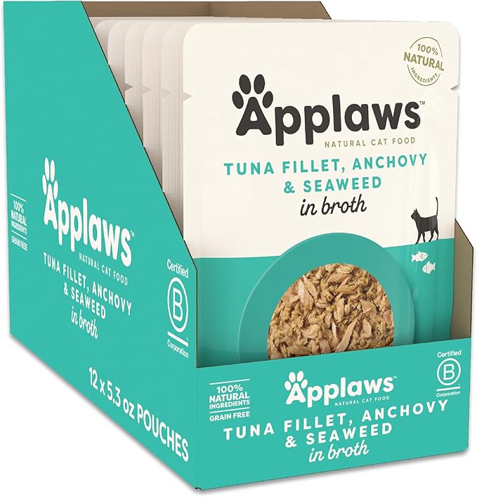 Applaws Natural Wet Cat Food in Broth, Limited Ingredient Wet Cat Food Pouches, No Additives, Made with Natural Ingredients, Tuna Fillet with Anchovy &amp; Seaweed in Broth (12 x 5.3oz Pouches)