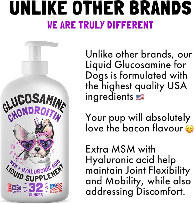 Liquid Glucosamine for Dogs Bacon Flavour Chondroitin, MSM &amp; Hyaluronic Acid K9 Supplement Hip and Joint Formula Advanced Mobility Joint Pain Relief Senior Advanced Supplement for All Breeds 32 oz