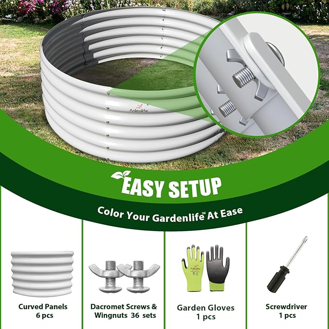 A ANLEOLIFE 2-Pack 4ft x 18” Tall Galvanized Raised Garden Beds Outdoor, Round Metal Planter Box for Planting Vegetables Flowers Herb, Anti-Rust &amp; Easy-Setup, Antique White
