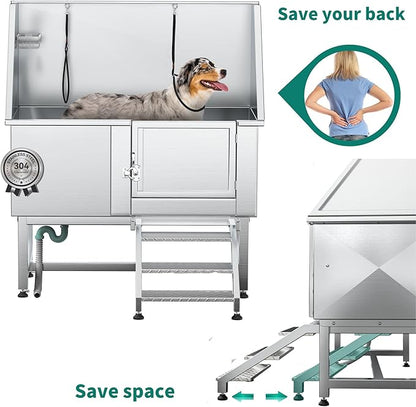 YITAHOME Professional Dog Bathtub 50in, Stainless Steel 304 Dog Bathing Station for Home, Pet Grooming Tub w/Right Stairs, Faucet, Floor Grate, Pet Washing Station for Large, Medium, Small Pets