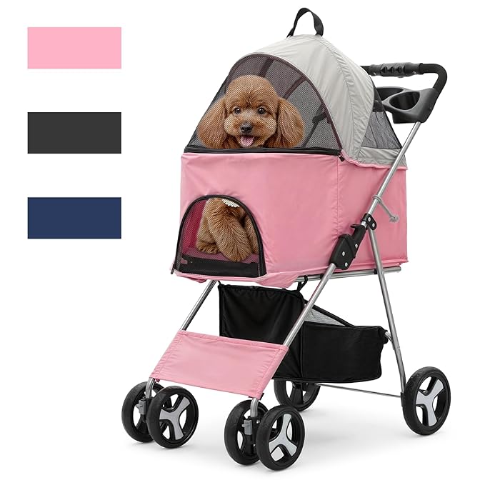 Magshion Foldable Pet Stroller, 3-in-1 Dog Travel Jogger with Detachable Carrier, Cup Holder, Storage Basket, Folding Carrier for Small/Medium Dogs &amp; Cats Up to 33 lbs, Pink
