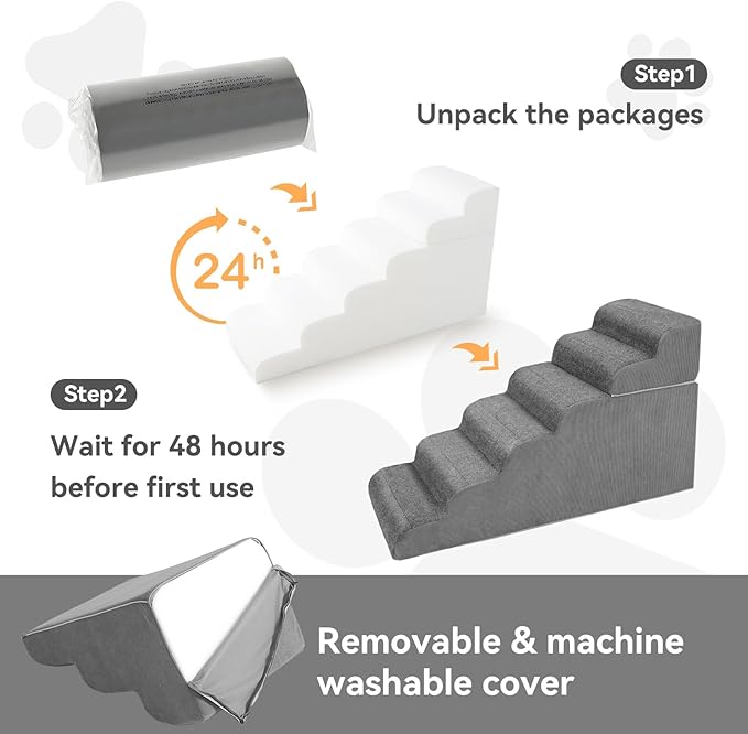 ABORON 𝟲 𝗦𝘁𝗲𝗽𝘀 Dog Steps for High Bed, 26 Inch High Dog Stairs for Small Dogs, Waterproof Pet Stairs for Small Old Large Dogs and Cats with Removable Cover &amp; PE Support Board for Bed/Car/Couch