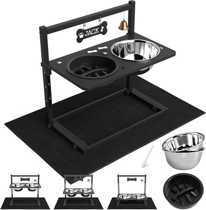 Elevated Dog Bowls with Slow Feeder and Spill Proof Mat, Adjustable Height 4.3-11.8&