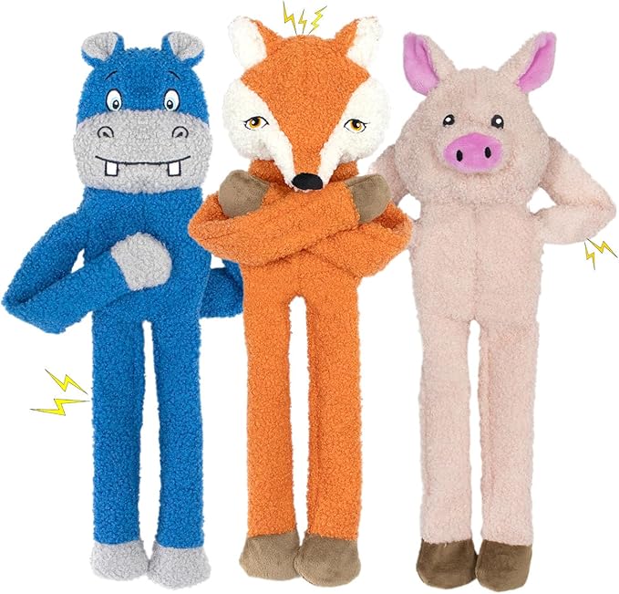 3 Pack No Stuffing Crinkle Squeaky Interactive Plush Dog Toys for Aggressive Chewers to Keep Puppy Busy for Boredom Small &amp; Medium Breeds Furry Friend Teething Orange Fox Pink Pig Blue Hippo