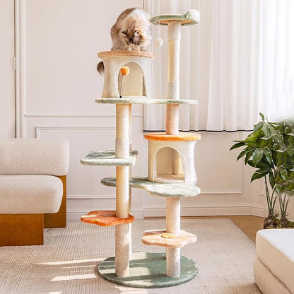 HYABi 63-inch Cat Tree for Large Cats, Multi-Level Flower Tower with Condo, Sisal Scratching Posts &amp; Toy Balls, Sturdy &amp; Safe Indoor Playhouse
