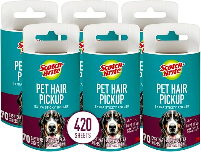 Scotch-Brite Pet Hair Pickup Extra Sticky Lint Roller, Designed for Removing Fur + Fluff on Couches, Clothes, Dog and Cat Beds, &amp; More, 6 Pack, 420 Easy-Tear Adhesive Sheets Total