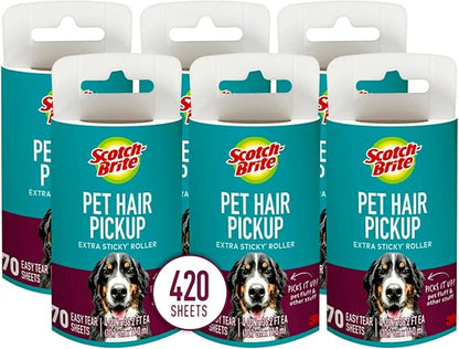 Scotch-Brite Pet Hair Pickup Extra Sticky Lint Roller, Designed for Removing Fur + Fluff on Couches, Clothes, Dog and Cat Beds, &amp; More, 6 Pack, 420 Easy-Tear Adhesive Sheets Total
