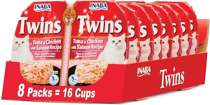 INABA Twins for Cats, Side Dish/Topper Cups, 1.23 Ounces per Serving, 16 Servings, Tuna &amp; Chicken with Salmon Recipe