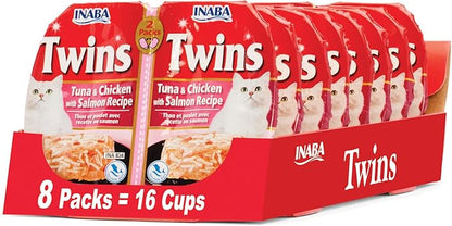 INABA Twins for Cats, Side Dish/Topper Cups, 1.23 Ounces per Serving, 16 Servings, Tuna &amp; Chicken with Salmon Recipe
