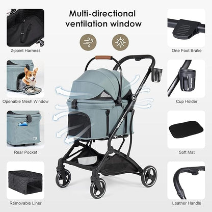 T3 3-in-1 Small Pet Stroller for Dog &amp; Cats, 4 Wheels with Detachable Carrier with Pad, Canopy and Cup Holder (Green)