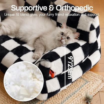MEWOOFUN Cat Bed for Indoor Cats, Washable Dog Beds for Small Medium Dogs &amp; Cats, Fluffy Cat Couch with Non-Slip Bottom (Black&amp;White, 26.0" L x 19.0" W x 13.0" Th)