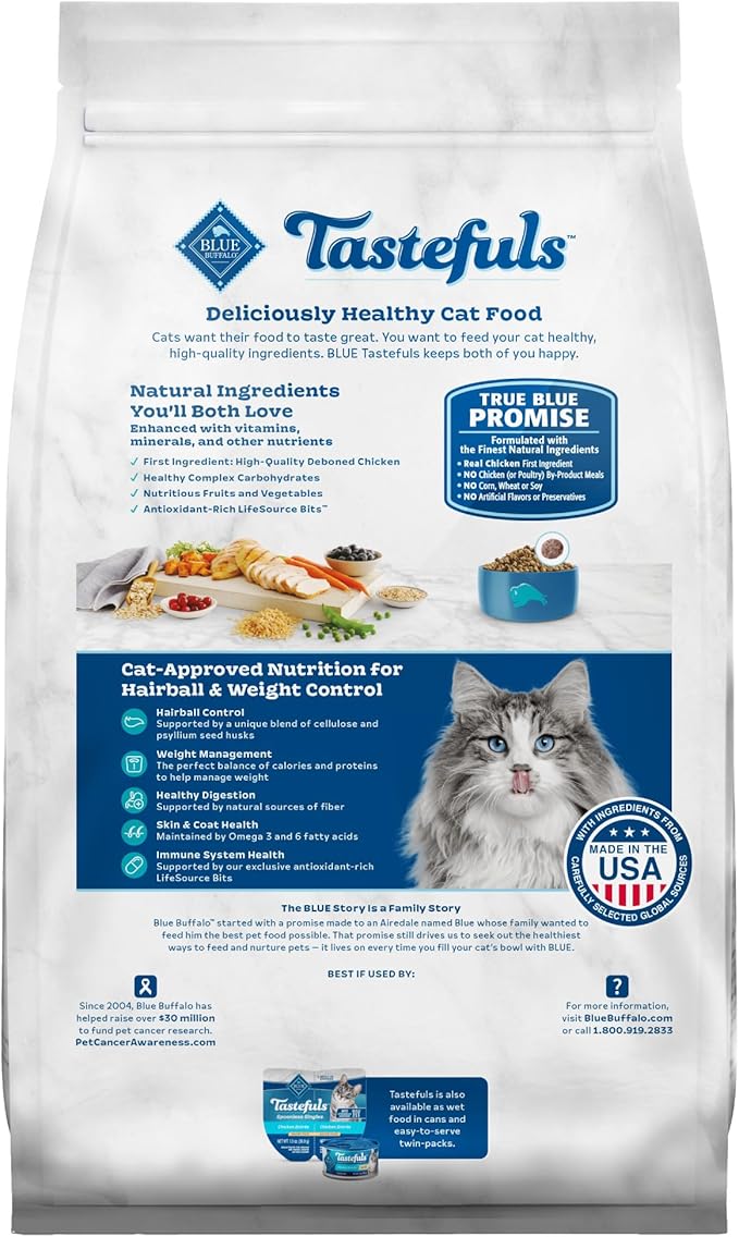 Blue Buffalo Tastefuls Weight &amp; Hairball Control Natural Dry Food for Adult Cats, 3-lb. Bag