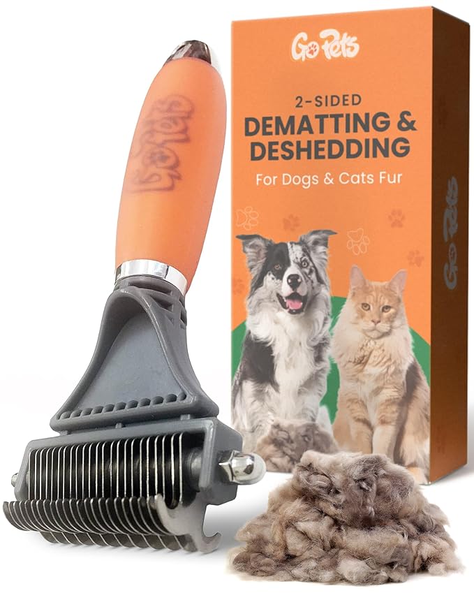 GoPets 2-Sided Dematting &amp; Deshedding Comb for Dogs &amp; Cats, Versatile Undercoat Detangler Brush for Shedding, Matted Hair &amp; Fur Remover Tool, Stress-Free Pet Grooming Rake with Ergonomic Handle