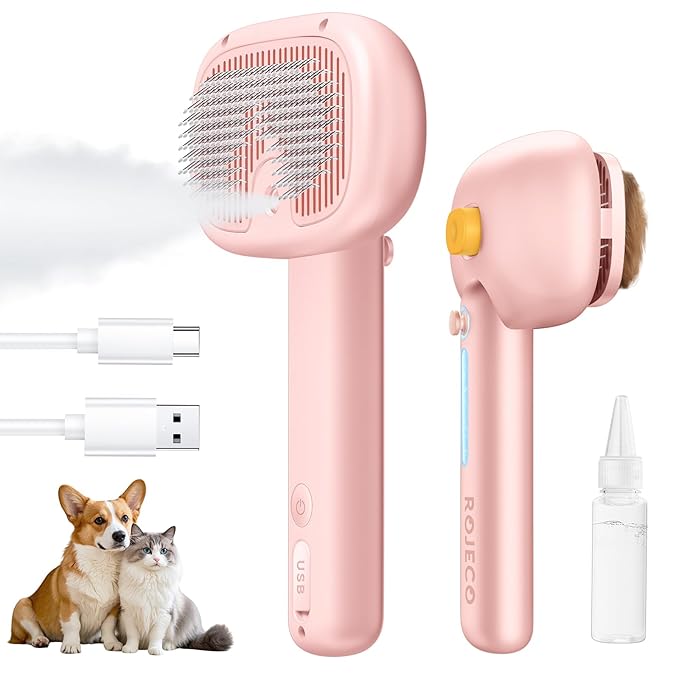 ROJECO 3-in-1 Pet Steam Brush for Cats&amp;Dogs - Detangling Comb with Adjustable Mist, Handheld Deshedding Grooming Tool for Long/Short Hair, Massage Brush &amp; Shedding Control Gift,Cordless,Pink