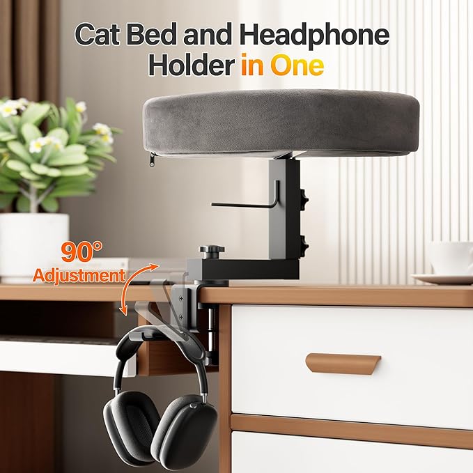 2-in-1 Cat Bed Desk Mount &amp; Headphone Hanger – Adjustable Cats Hammock Bed for Desk, Cat Beds &amp; Furniture for Home Office or Gaming Setup