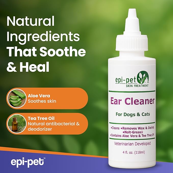 Dog &amp; Cat Ear Cleaner Solution with Aloe Vera &amp; Tea Tree Oil – Removes Itchy Ear Wax, Debris, Odor – Ears Wash, Drops &amp; Flush for Pets, Dog Ears Cleaning, Cat Cleaner (4 oz- Pack of 2)