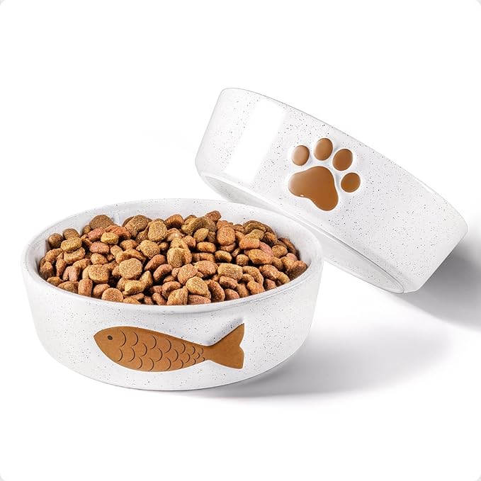 Ceramic Cat Bowls Whisker Friendly - Ceramic Cat Bowl Set of 2 Cute Designs with Anti-Slip Bases - Dishwasher &amp; Microwave Safe Food and Water Bowls for Cats - Dishes for Cats - Kitten Food Bowl Set