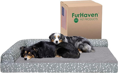 Furhaven Cooling Gel Dog Bed for Large Dogs w/ Removable Bolsters &amp; Washable Cover, For Dogs Up to 125 lbs - Plush &amp; Almond Print L Shaped Chaise - Gray Almonds, Jumbo Plus/XXL